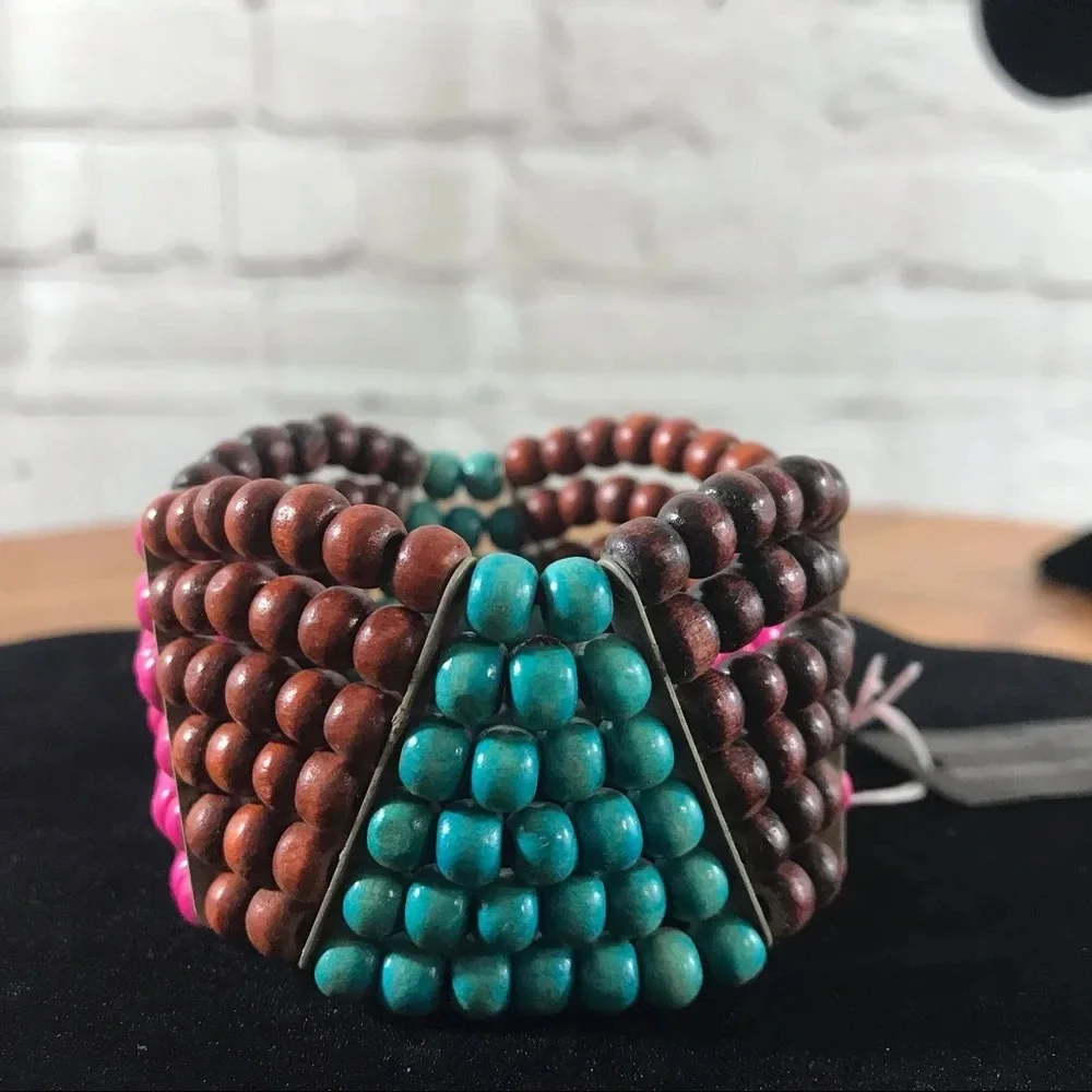 Pink, Aqua, and Brown Wood Bead Fashion Stretch Bracelet - New with Tag - Picture 6 of 6